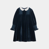 CERA UNA VOLTA LORY SMOCKED DETAIL LACE COLLAR VELVET DRESS